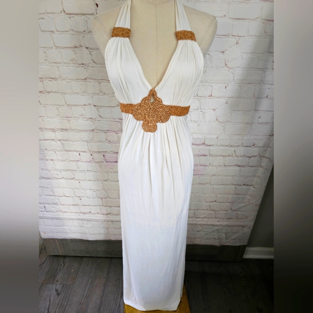 Sky Halter Maxi with Wooden Beading | Vintage & Rare! | Ivory | XS | EUC